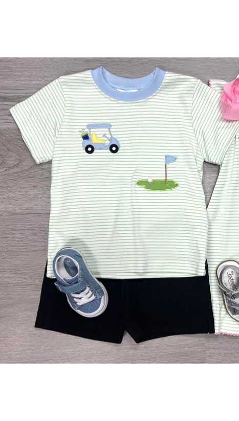 preorder BSSO1047 golf car striped short sleeve black shorts boys set
