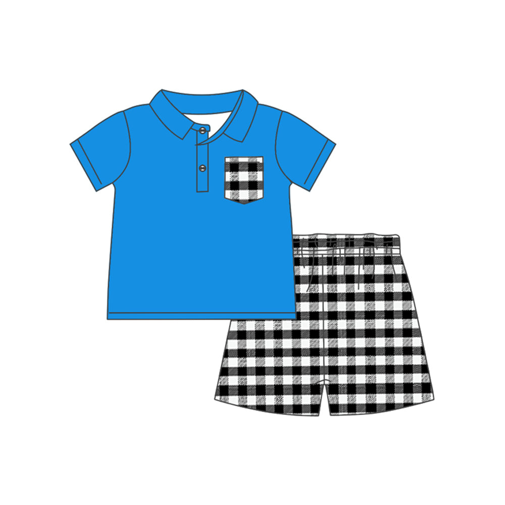 preorder BSSO1056 blue pocket short sleeve black checkered shorts boys set