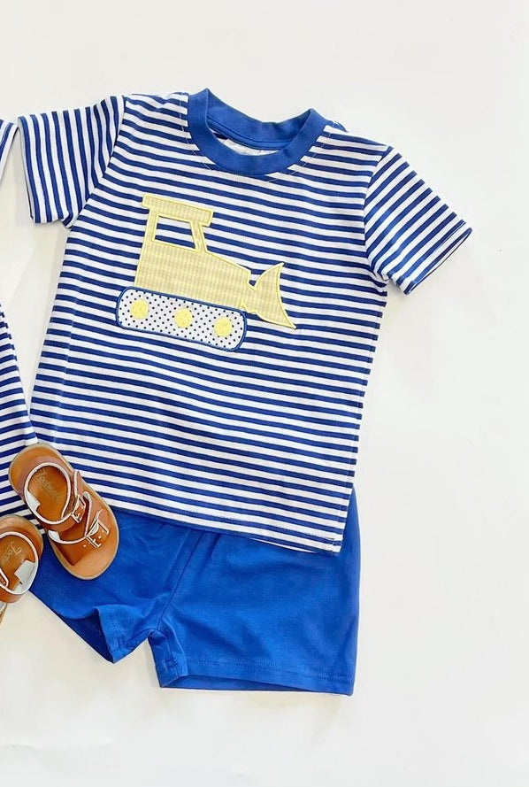 preorder BSSO1059 cute construction navy blue striped short sleeve shorts boys set