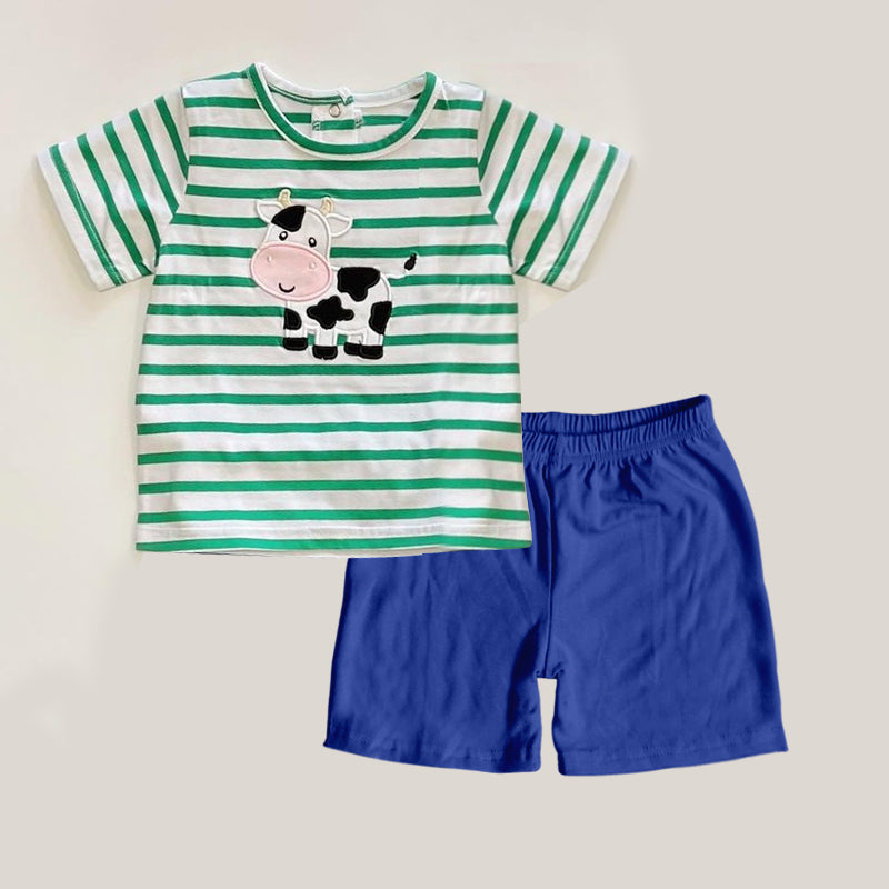 preorder BSSO1060 cute cow green striped short sleeve blue shorts boys set
