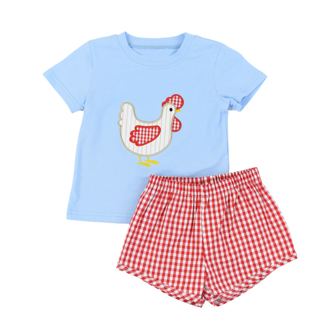 preorder BSSO1068 cartoon chick blue short sleeve red checkered shorts boys set