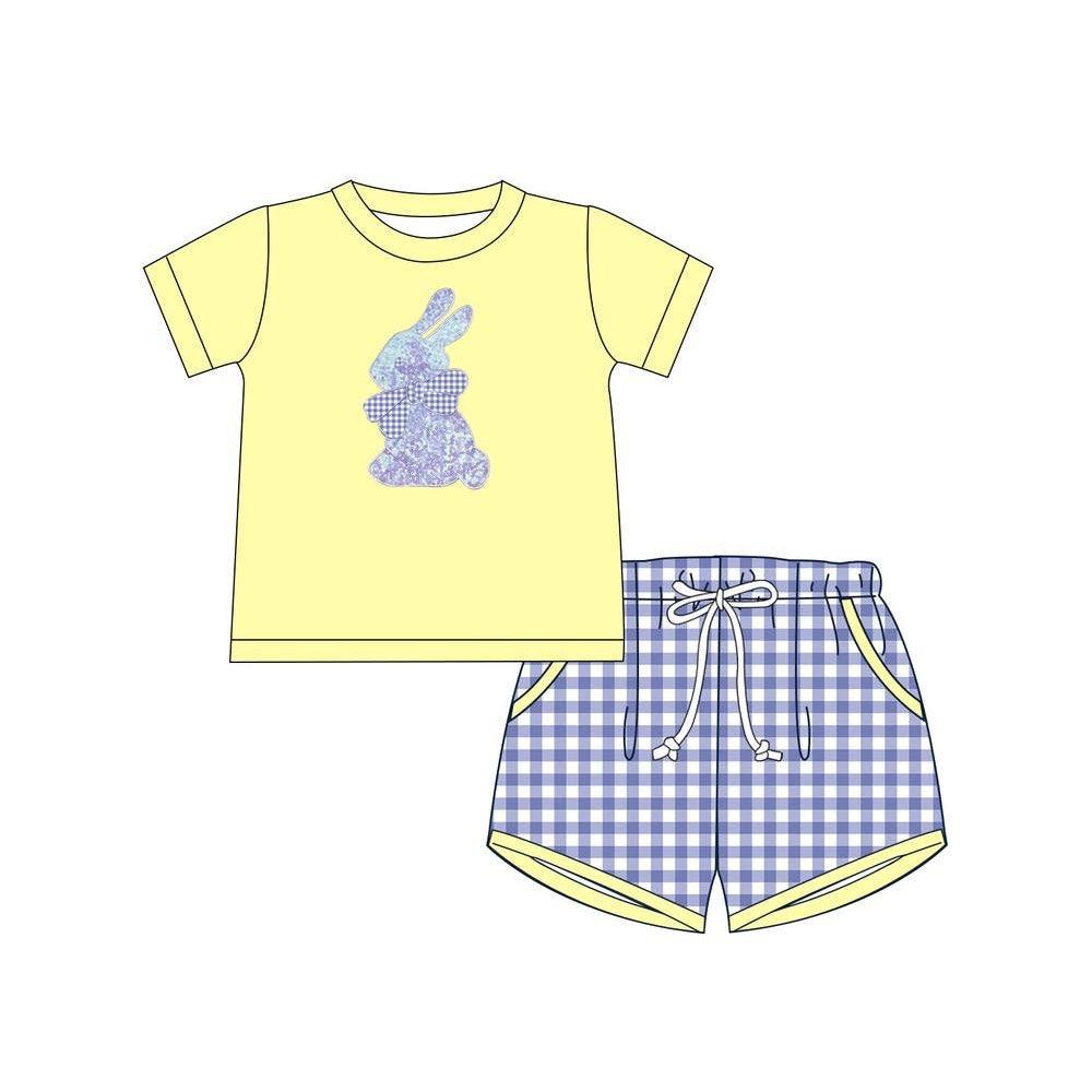 Preorder BSSO1069 Easter bow rabbit bunny yellow short sleeve navy blue checkered shorts boys set