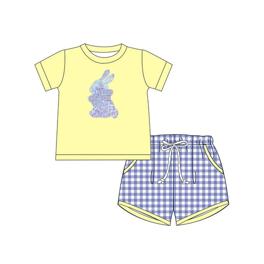 Preorder BSSO1069 Easter bow rabbit bunny yellow short sleeve navy blue checkered shorts boys set