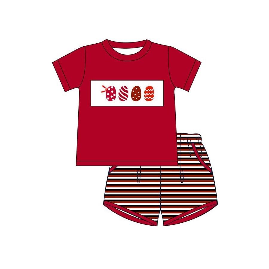 preorder BSSO1075 Easter red egg short sleeve red striped shorts boys set