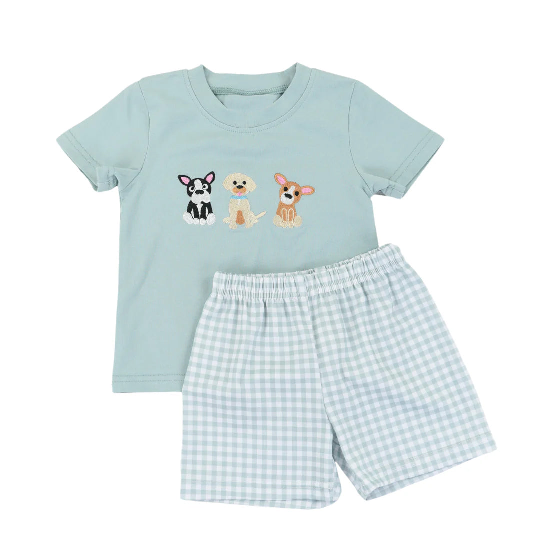 preorder BSSO1076 cute dog green short sleeve green checkered shorts boys set