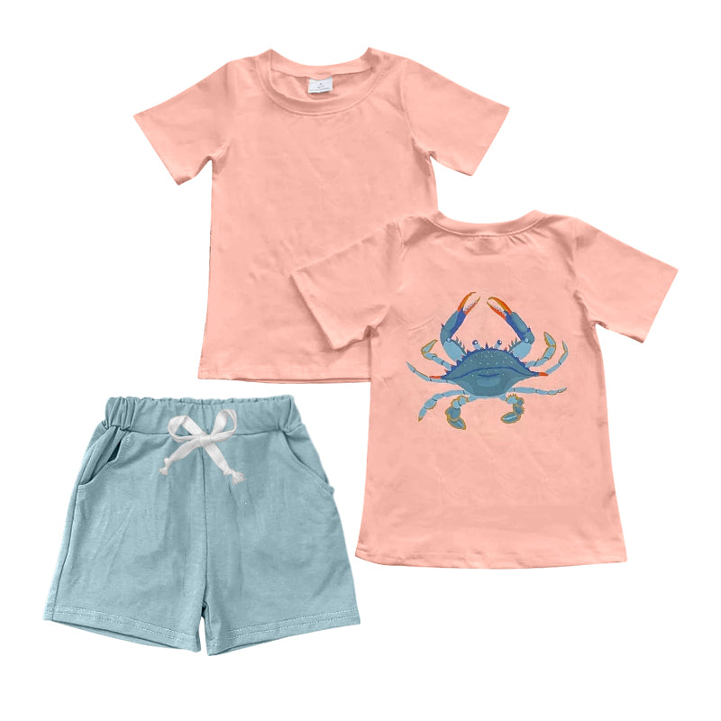 Preorder BSSO1077 blue crab pink short sleeve blue shorts boys set
