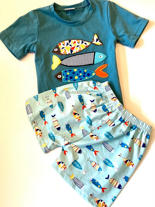 Preorder BSSO1078 cute fishing dark green short sleeve shorts boys set