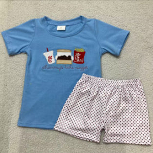 Preorder BSSO1080 fries hamburger blue short sleeve dot shorts boys set