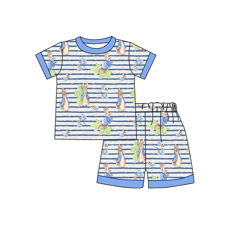 Preorder BSSO1081 Easter rabbit bunny blue striped short sleeve shorts boys pajamas