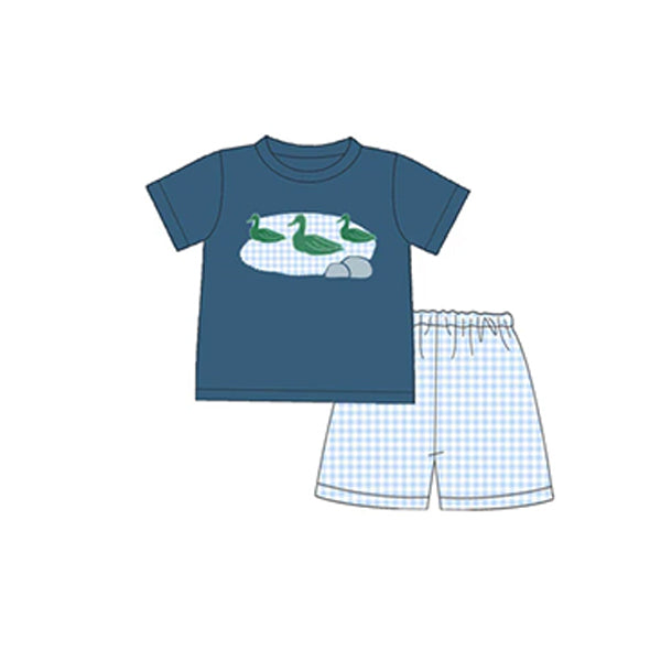 Preorder BSSO1083 hunting mallard duck navy blue short sleeve blue checkered shorts boys set