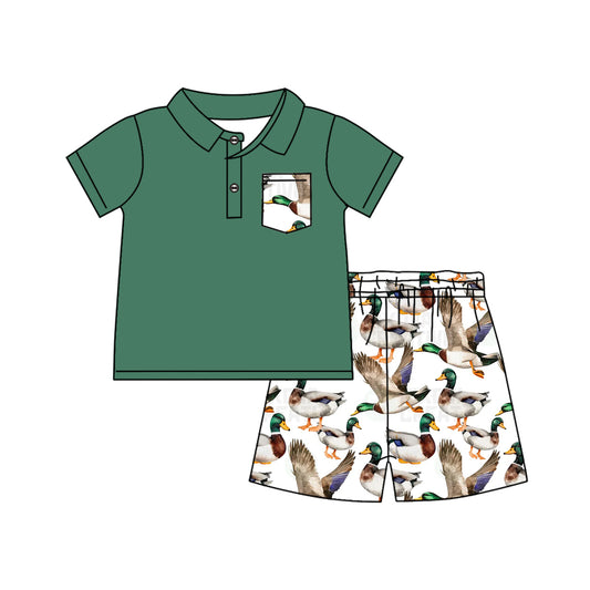 Preorder BSSO1087 hunting mallard duck green pocket short sleeve shorts boys set