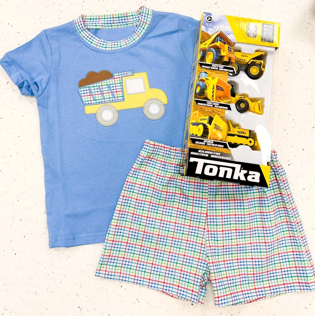 Preorder BSSO1088 cute construction blue short sleeve colorful checkered shorts boys set