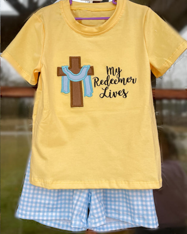 preorder BSSO1090 Easter my redeemer lives yellow short sleeve blue checkered shorts boys set