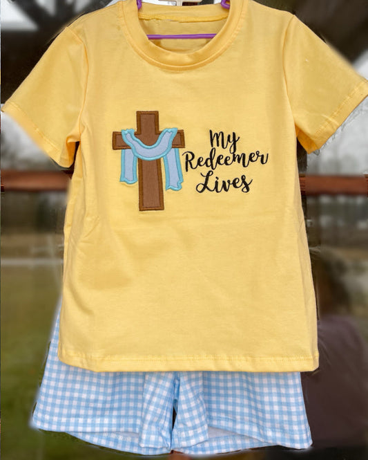 preorder BSSO1090 Easter my redeemer lives yellow short sleeve blue checkered shorts boys set