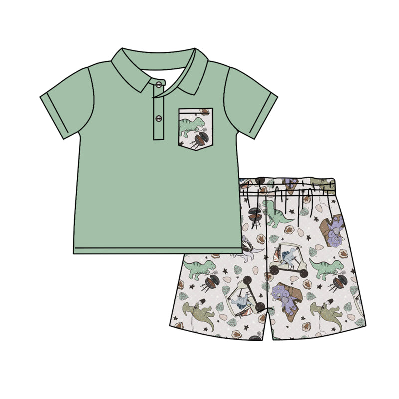 Preorder BSSO1098 green pocket short sleeve cute dinosaur golf car barbecue shorts boys set