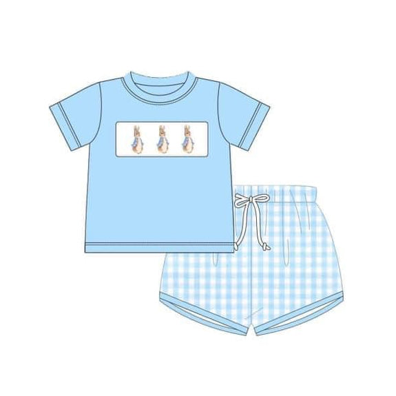 Preorder BSSO1099 Easter bunny rabbit blue short sleeve blue checkered shorts boys set