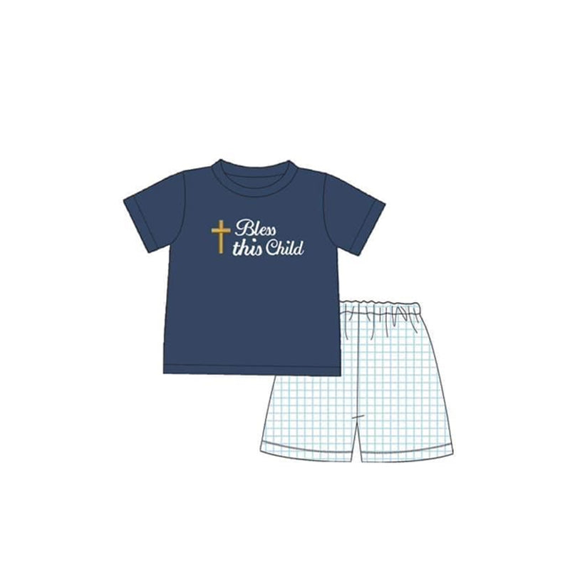 Preorder BSSO1100 Easter cross bless this child navy blue short sleeve blue checkered shorts boys set