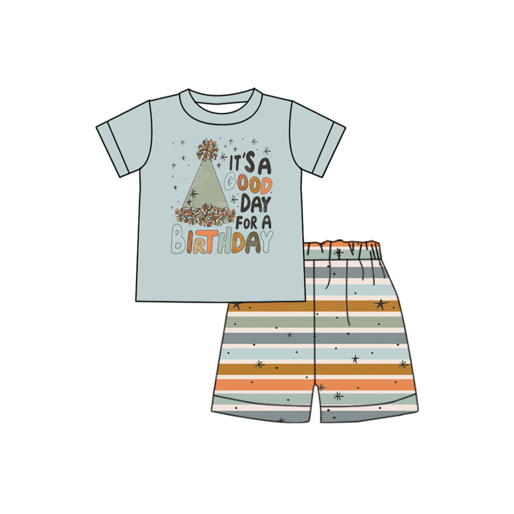 Preorder BSSO1101 it's a good day for a birthday short sleeve striped shorts boys set