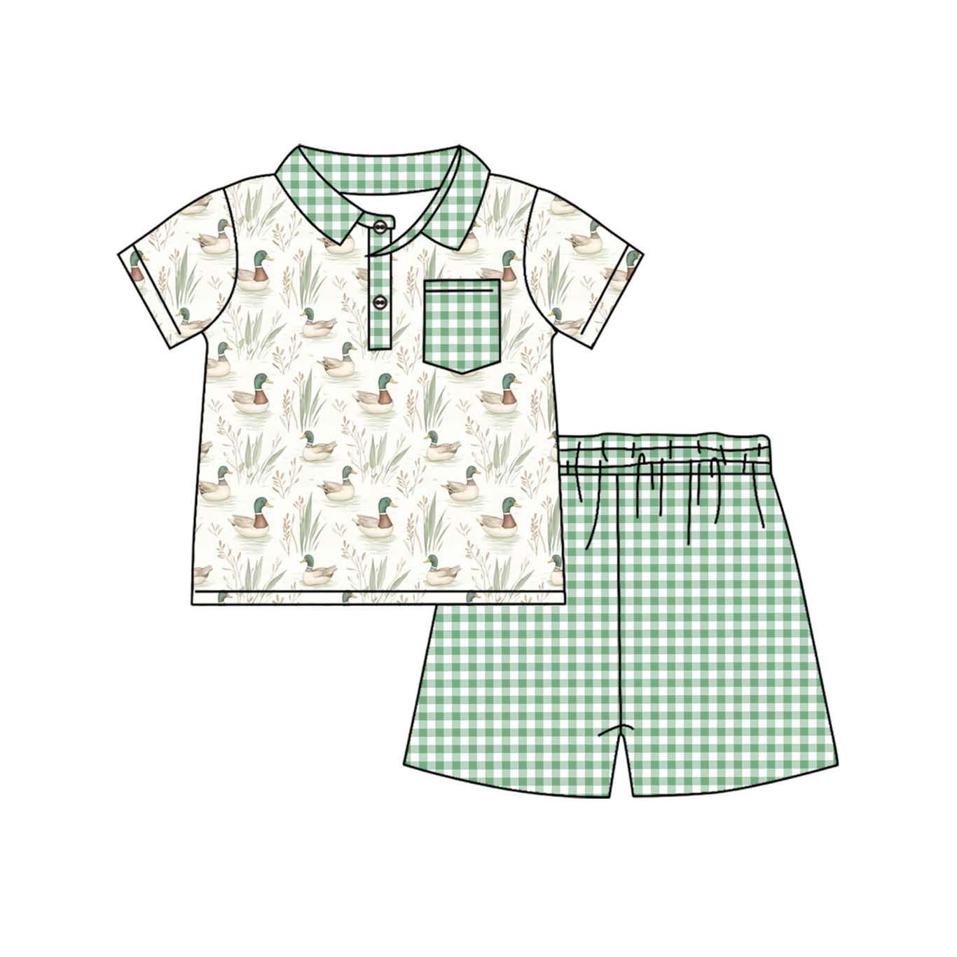 Preorder BSSO1105 cute mallard duck pocket short sleeve green checkered shorts boys set