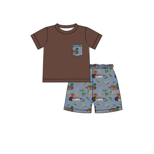 Preorder BSSO1107 cute mallard duck brown pocket short sleeve blue shorts boys set