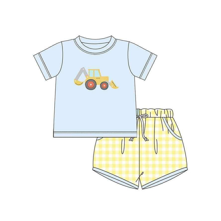 Preorder BSSO1117 cute construction blue short sleeve yellow checkered shorts boys set