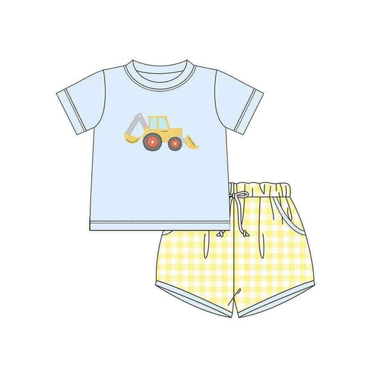 Preorder BSSO1117 cute construction blue short sleeve yellow checkered shorts boys set