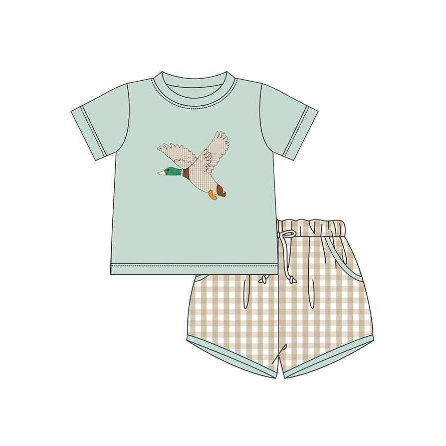 Preorder BSSO1119 hunting mallard duck green short sleeve khaki checkered shorts boys set