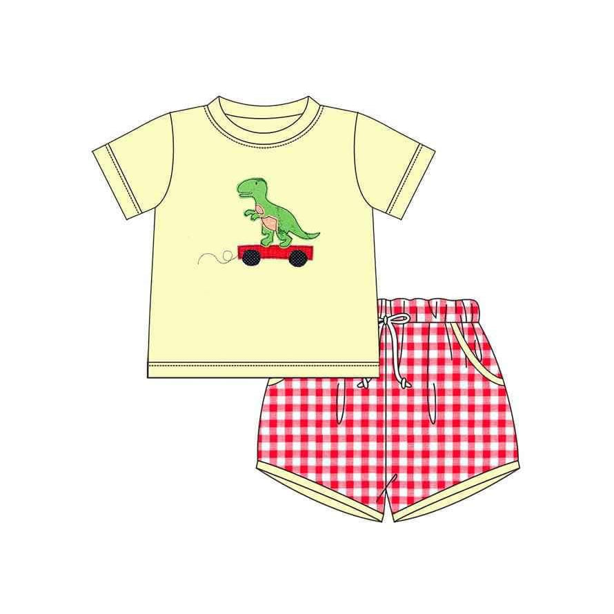 Preorder BSSO1120 cartoon dinosaur truck yellow short sleeve red checkered shorts boys set
