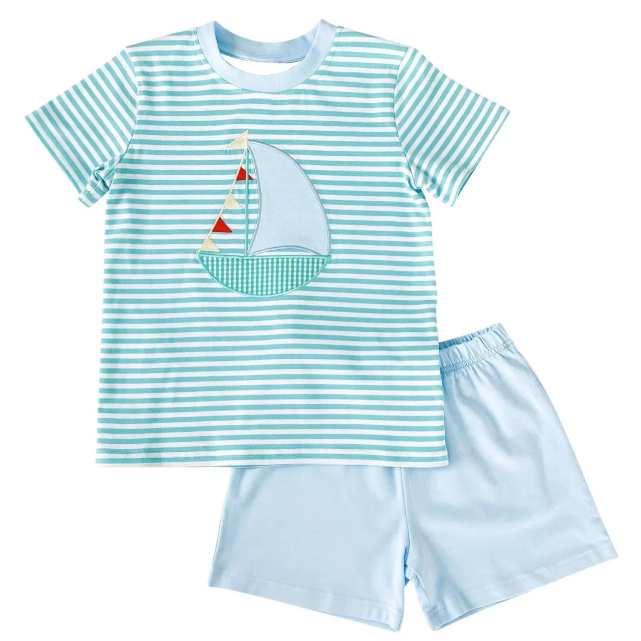 Preorder BSSO1121 cartoon sailboat striped short sleeve blue shorts boys set