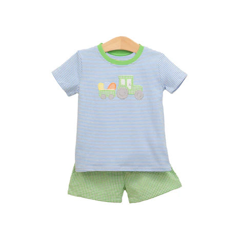 Preorder BSSO1122 Easter egg truck blue striped short sleeve green checkered shorts boys set