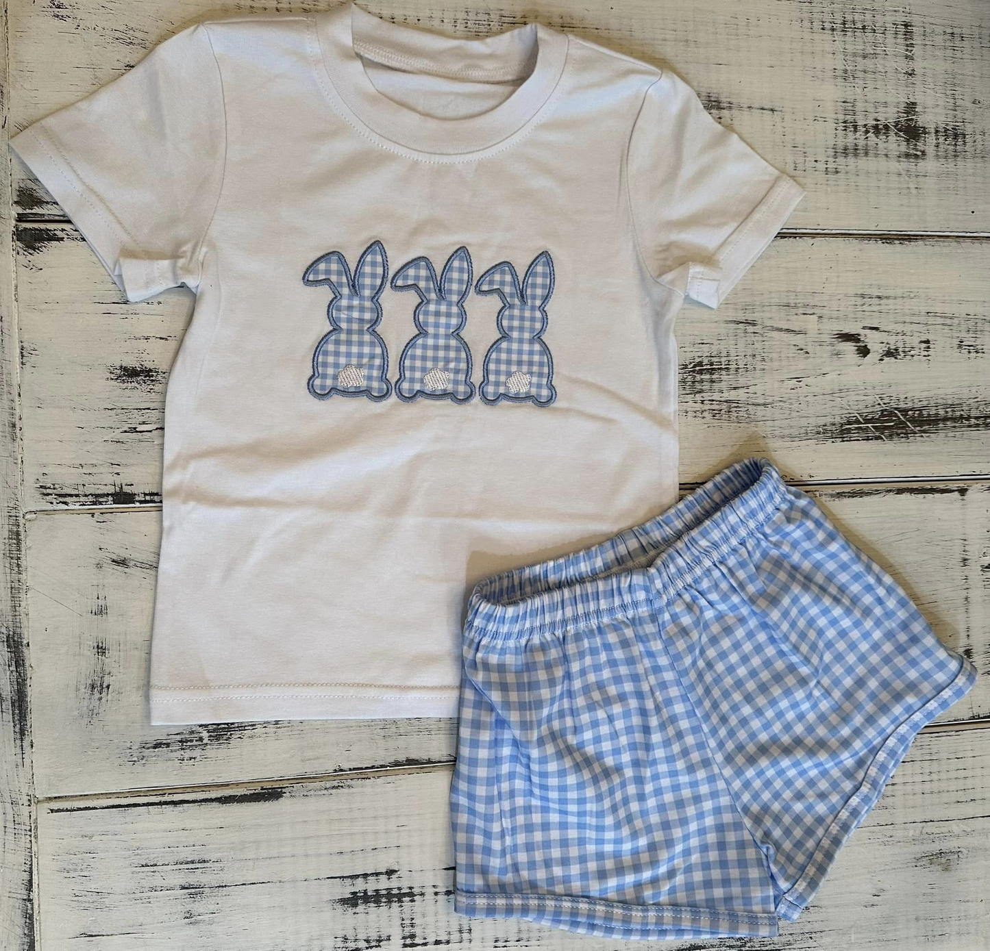 Preorder BSSO1123 Easter bunny rabbit short sleeve blue checkered shorts boys set