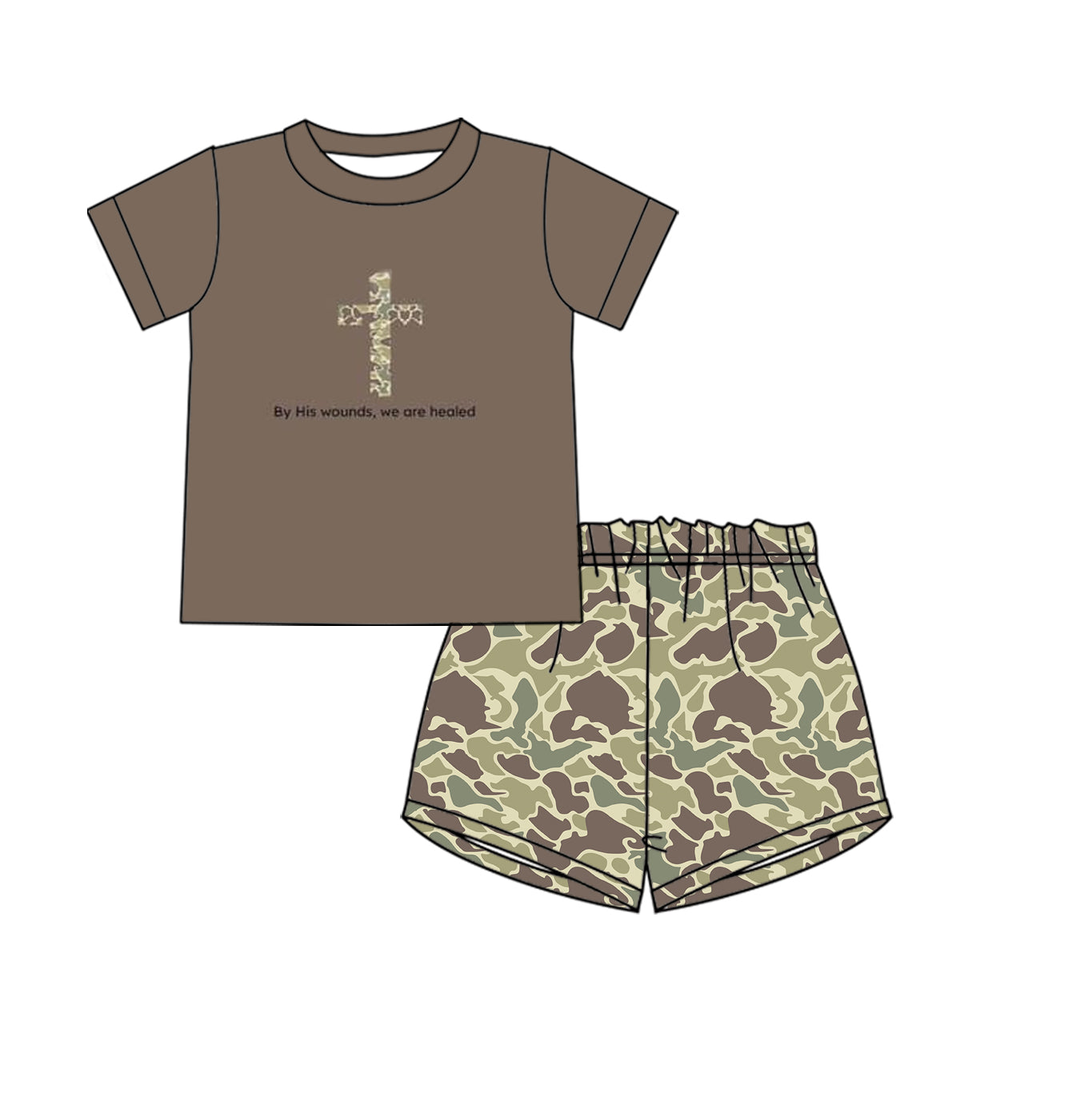 Preorder BSSO1134 Easter brown cross short sleeve camo duck camo shorts boys set