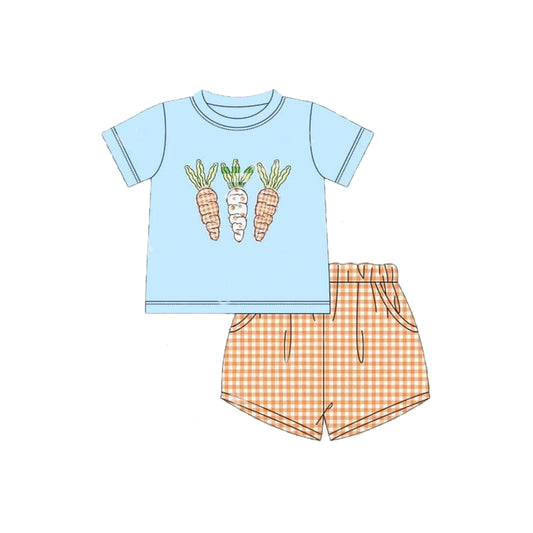 Preorder BSSO1136 Easter carrot blue short sleeve orange checkered shorts boys set