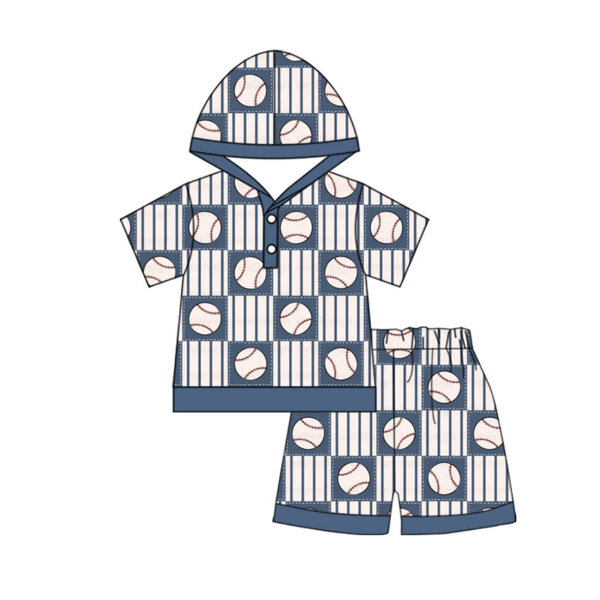 preorder BSSO1137 baseball blue striped short sleeve hoodie shorts boys set