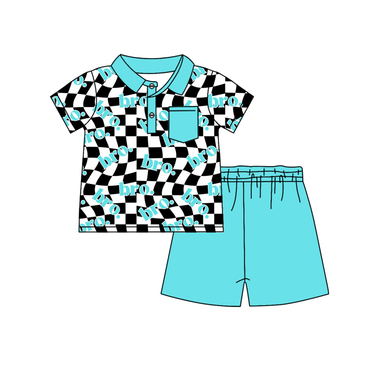 preorder BSSO1139 bro.brother black checkered pocket short sleeve blue shorts boys set