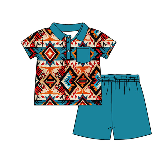 preorder BSSO1141 Western Aztec pocket short sleeve blue shorts boys set