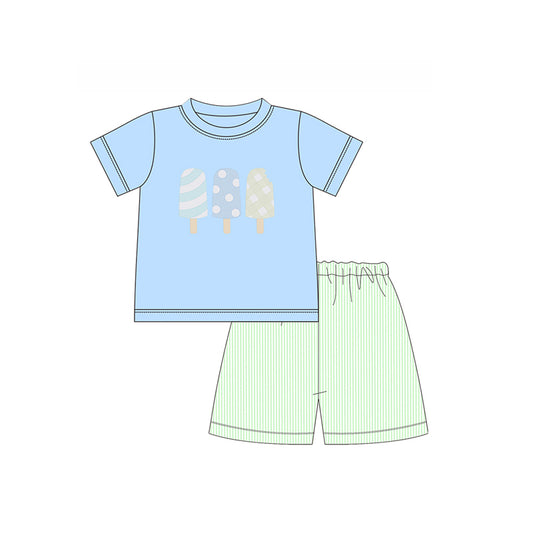 preorder BSSO1143 colorful ice blue short sleeve green striped shorts boys set