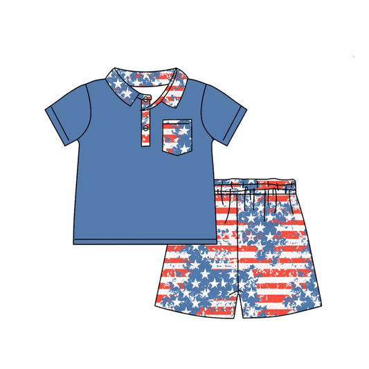 preorder BSSO1144 July 4th blue pocket short sleeve flag star red striped shorts boys set