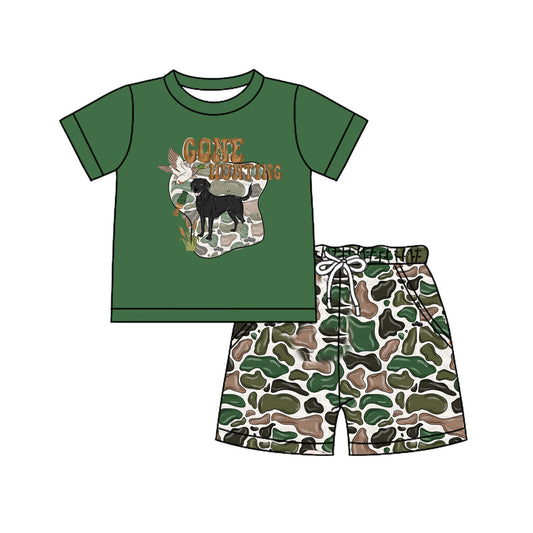 preorder BSSO1145 gone hunting dog mallard green short sleeve cartoon camo shorts boys set