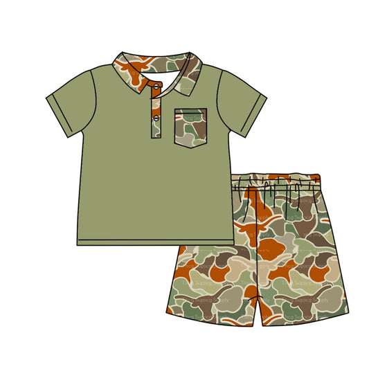 preorder BSSO1150 hunting camo green pocket short sleeve cow camo shorts boys set