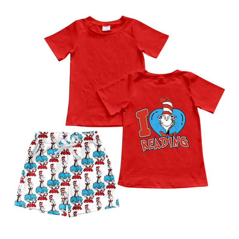 preorder BSSO1157 Cartoon Dr I Reading Red Short Sleeve Shorts Boys Set