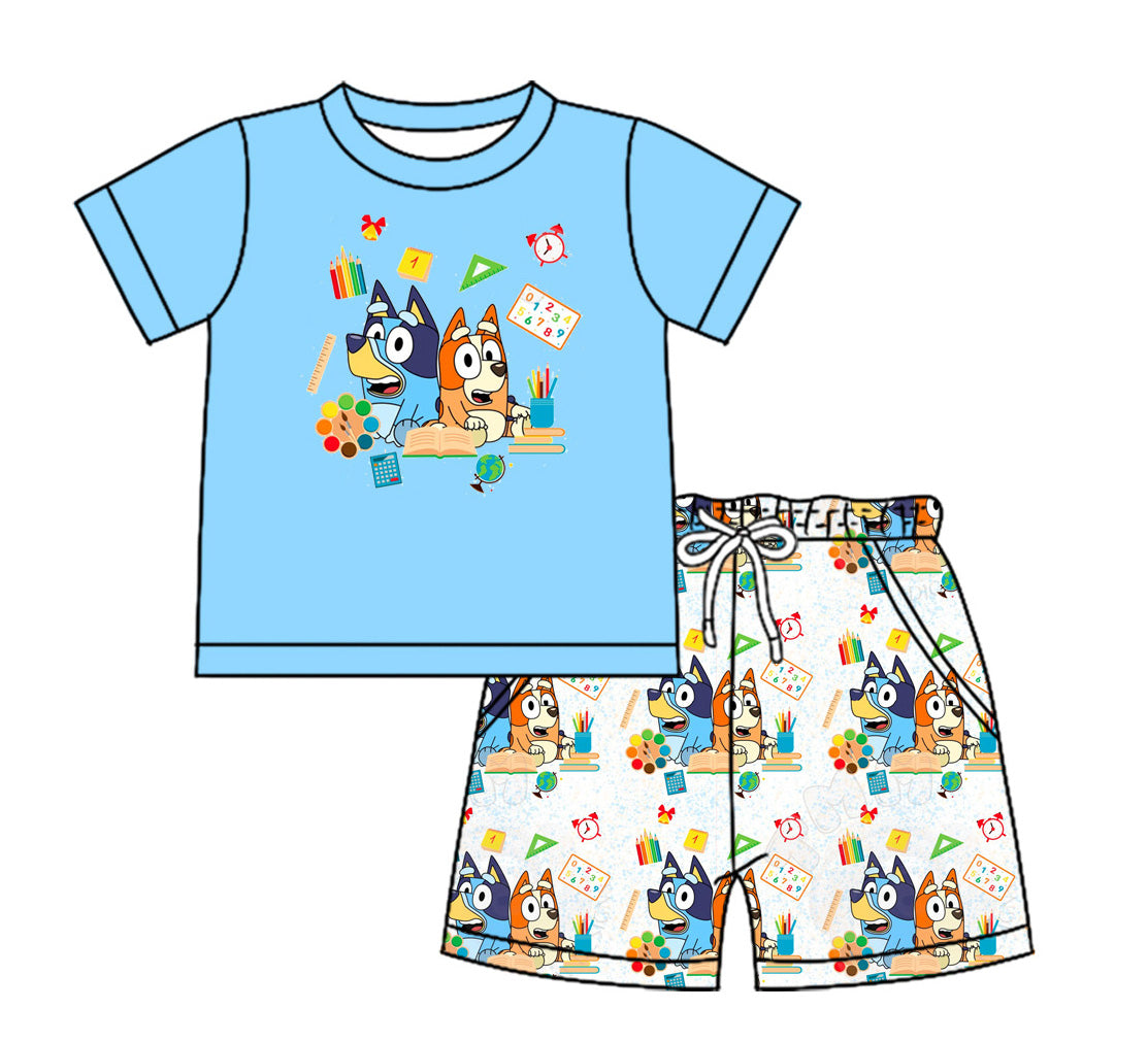 preorder BSSO1160 Back To School Cartoon Blue Dog Blue Short Sleeve Shorts Boys Set