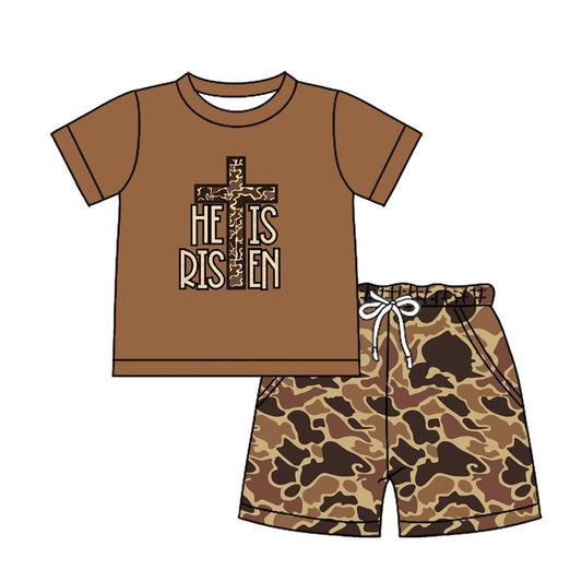 preorder BSSO1162 Easter Camo Cross He Is Risen Brown Short Sleeve Camo Shorts Boys Set