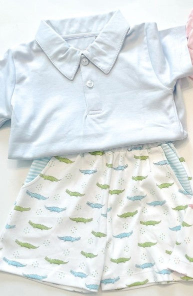 preorder BSSO1166 Light Blue Short Sleeve Cartoon Crocodile Shorts Boys Set