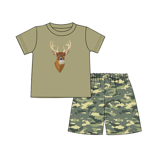 preorder BSSO1167 Hunting Deer Green Short Sleeve Camo Shorts Boys Set