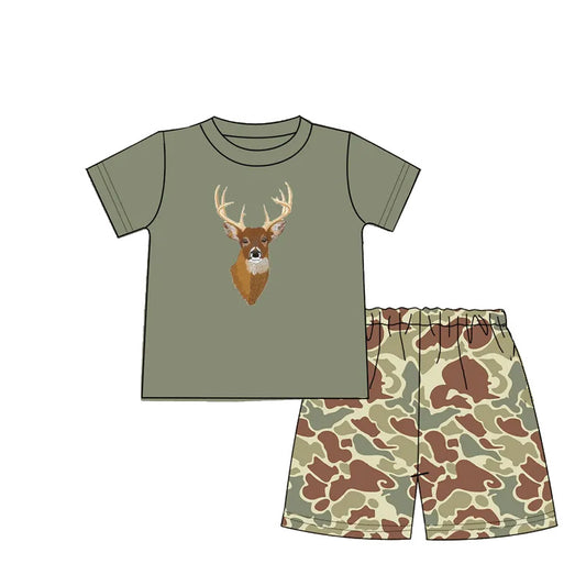 preorder BSSO1168 Hunting Deer Green Short Sleeve Camo Shorts Boys Set