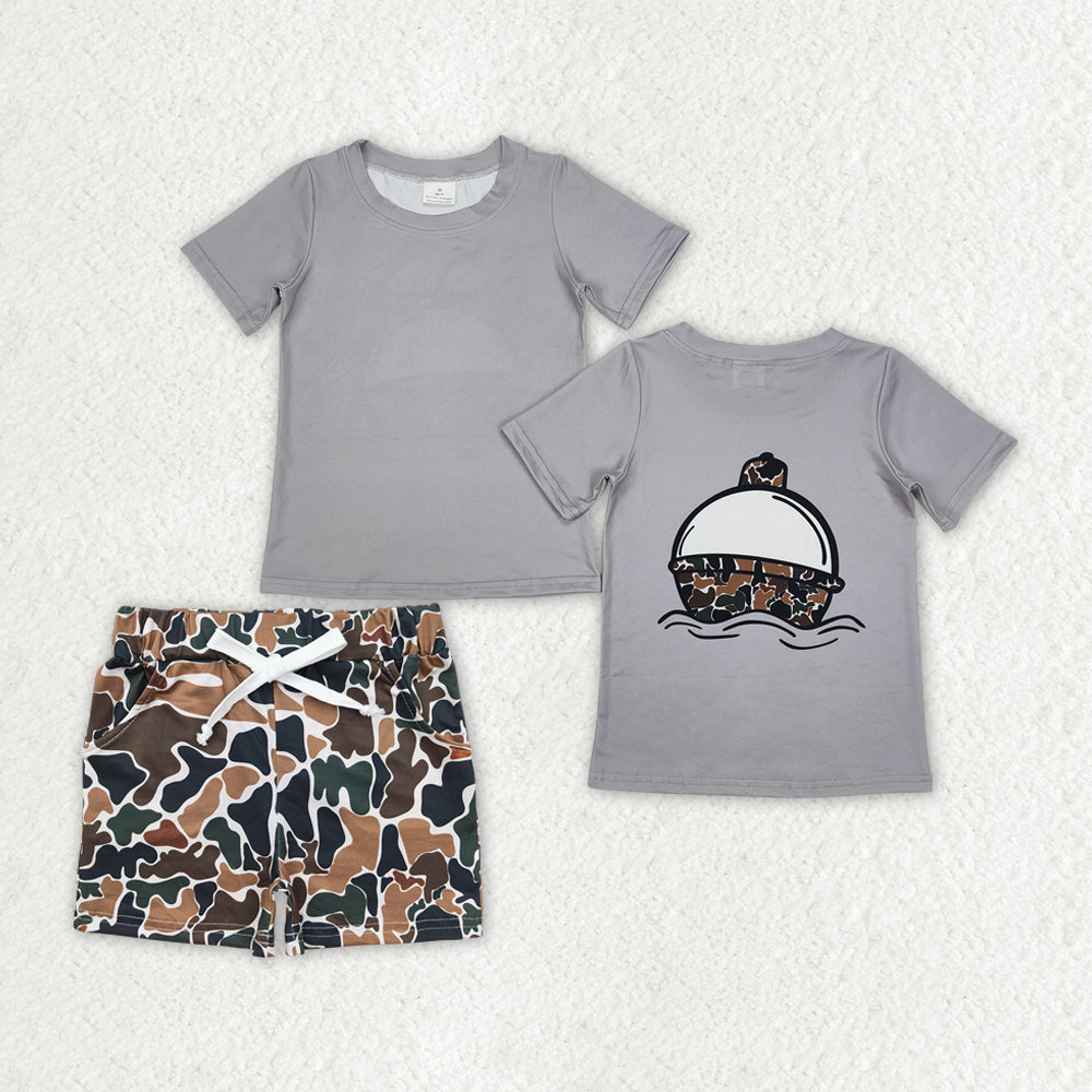 BSSO1176 Hunting Old School Camo Boat Grey Short Sleeve Camo Shorts Boys Set