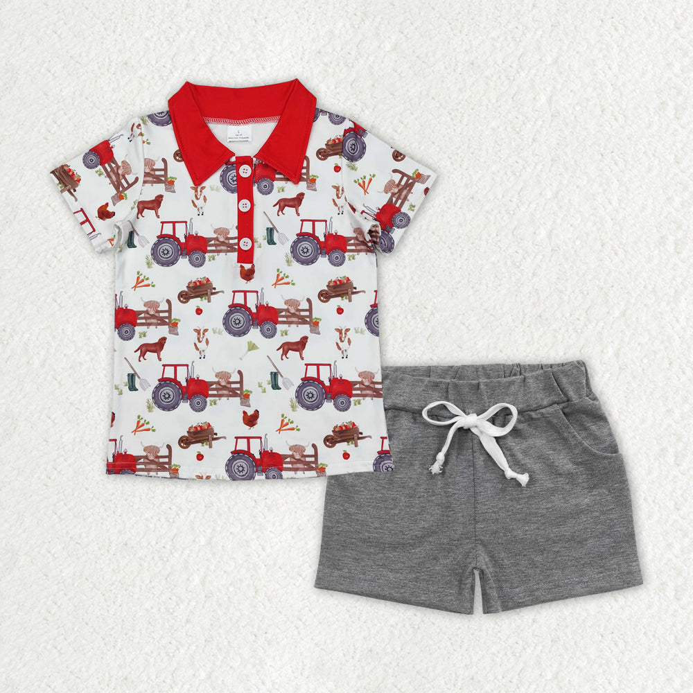 BSSO1177 Farm Tractor Chick Short Sleeve Grey Shorts Boys Set