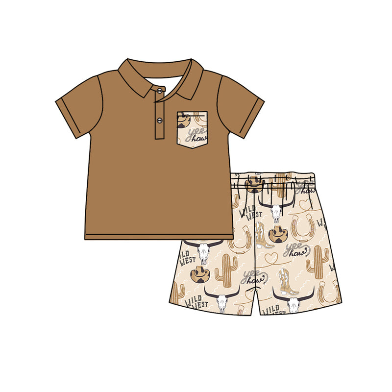 preorder BSSO1179 Western Wiild West Cow Cactus Brown Pocket Short Sleeve Shorts Boys Set