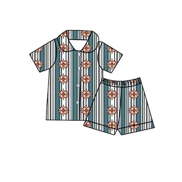 preorder BSSO1181 Western Aztec Blue Striped Short Sleeve Shorts Girls Pajamas
